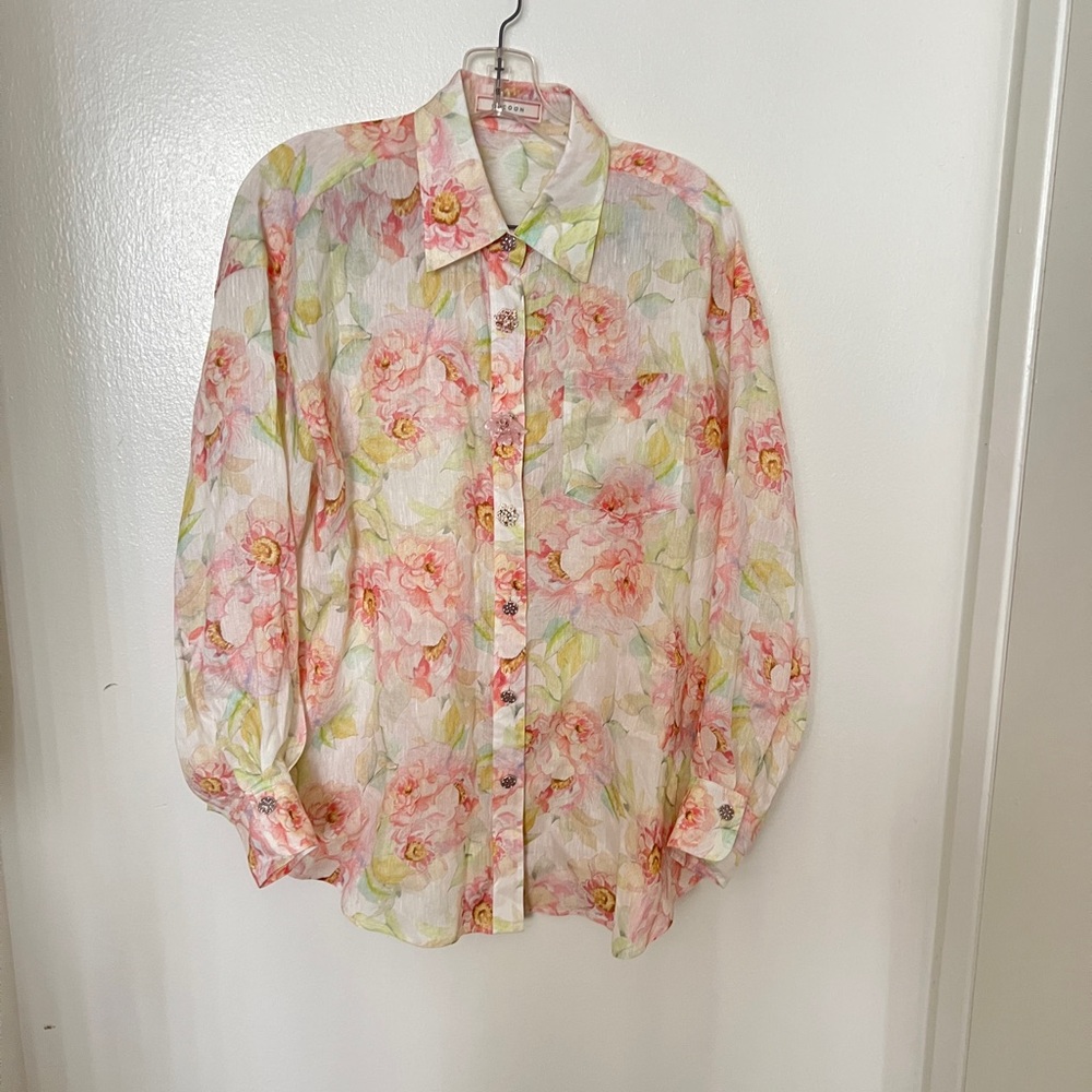 Cocoon Romantic Floral Sheer Blouse Long Sleeve Pastel Pink Button Up XL Silk